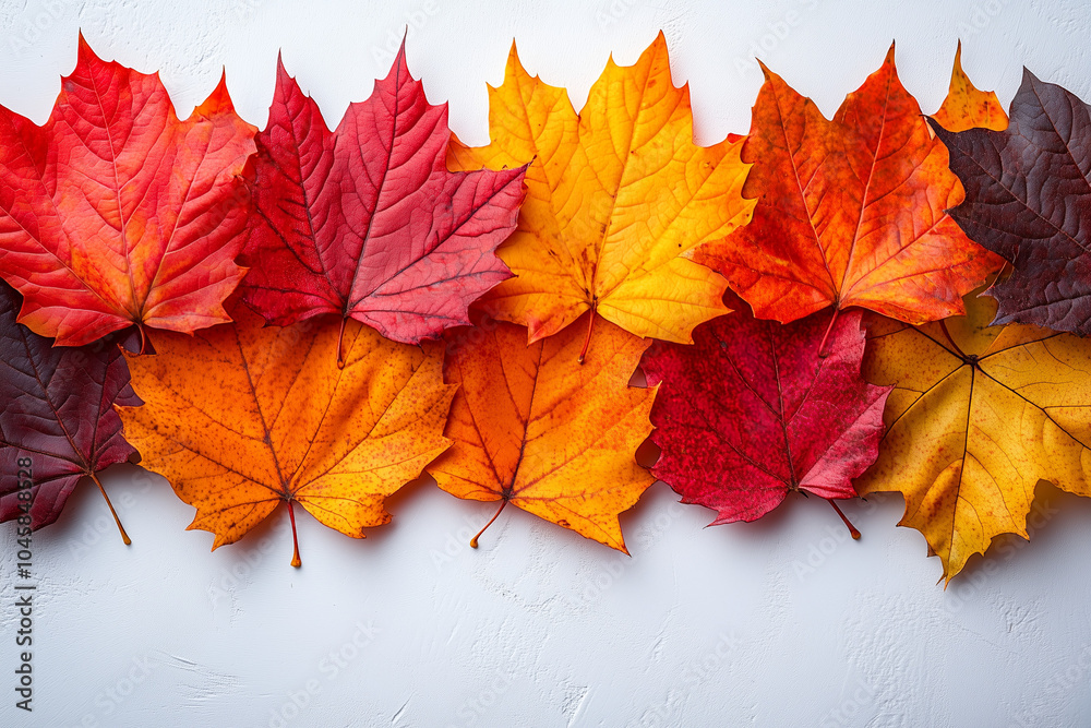 Obraz premium Top view of scattered autumn leaves with vibrant colors on an isolated white background