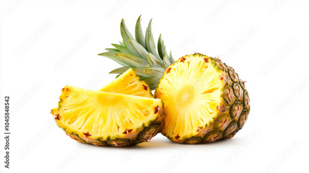 A juicy pineapple, sliced and halved, is shown against a clean white backdrop. A juicy pineapple, sliced and halved, is shown against a clean white backdrop.