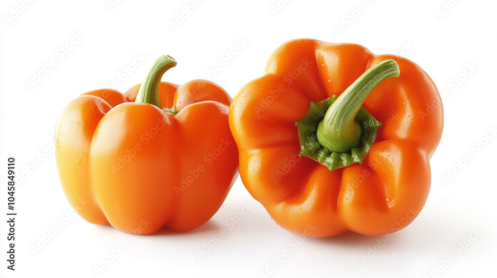 A bright orange bell pepper, perfectly whole and fresh, stands out against a white background. A bright orange bell pepper, perfectly whole and fresh, stands out against a white background.
