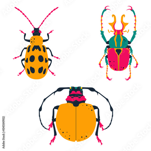 Set of cute, colorful insects. Dicrono cephalus wallichi, Cyclopeplus peruvianus, Cucumber beetle. Vector illustration, icon set. photo