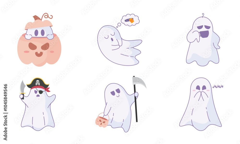 Ghost pattern on purple background with playful expressions, Vector