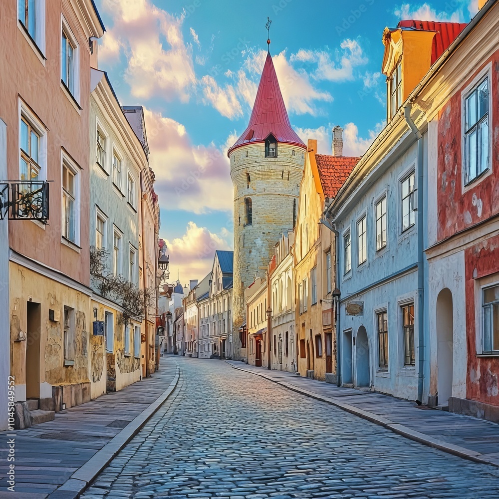 Fototapeta premium Empty streets of Tallinn's historic district.