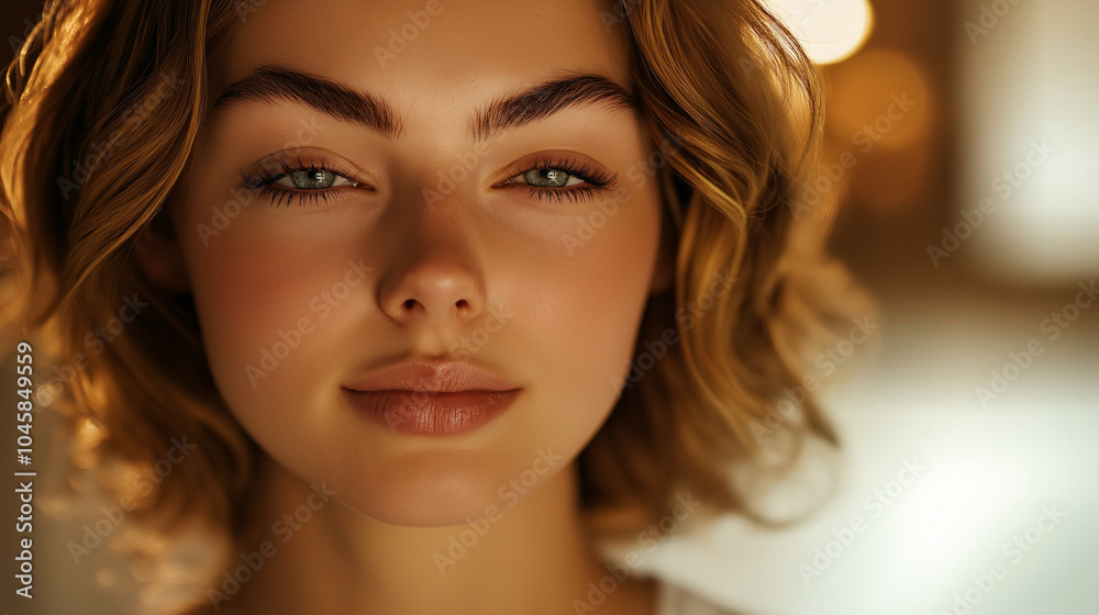 Naklejka premium Close-up of a woman in a serene spa, glowing skin highlighted by soft light. Her youthful complexion and calm expression exude rejuvenation, with a blurred background emphasizing her radiance