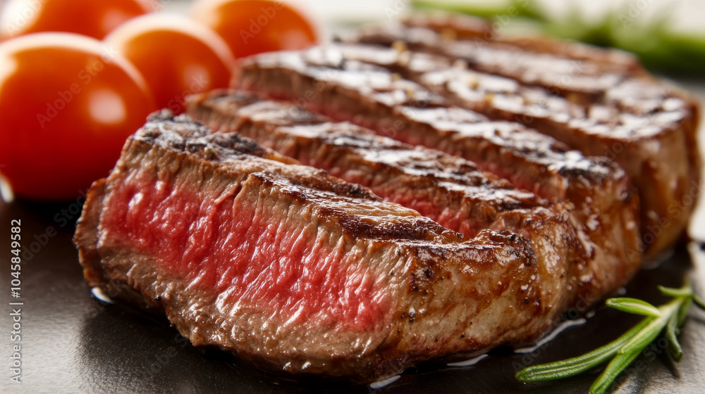 A close-up of a perfectly grilled ribeye steak, sliced and ready to eat. This image is ideal for a restaurant menu or poster. A close-up of a perfectly grilled ribeye steak, sliced and ready to eat. This image is ideal for a restaurant menu or poster.