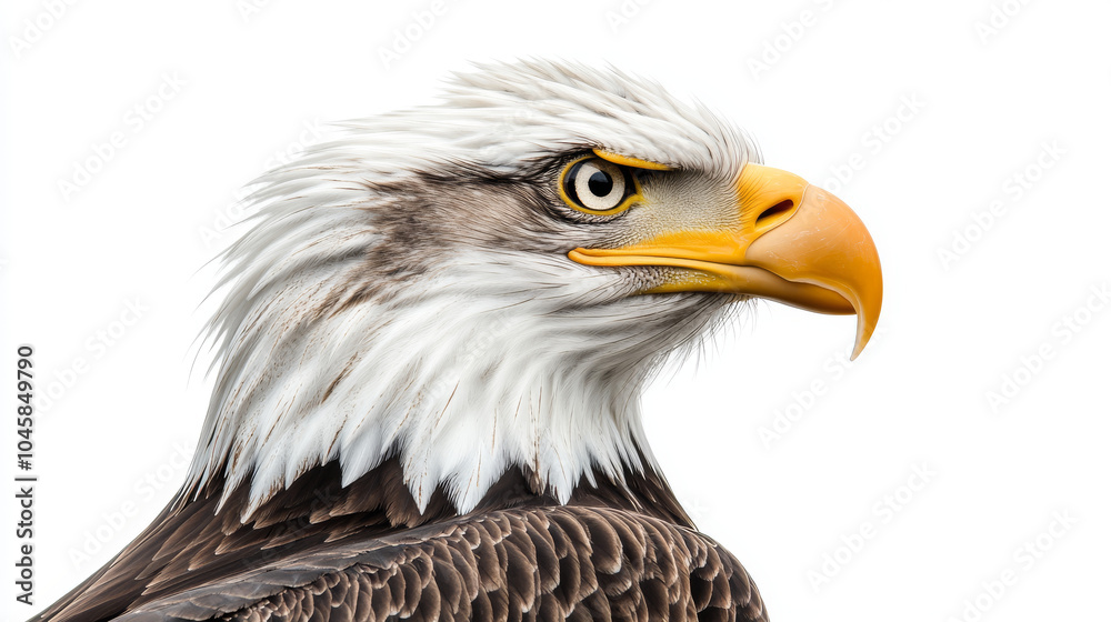 A close-up photo of an eagle, showing its profile and back of its head. The bird is isolated against a white background. A close-up photo of an eagle, showing its profile and back of its head. The bird is isolated against a white background.