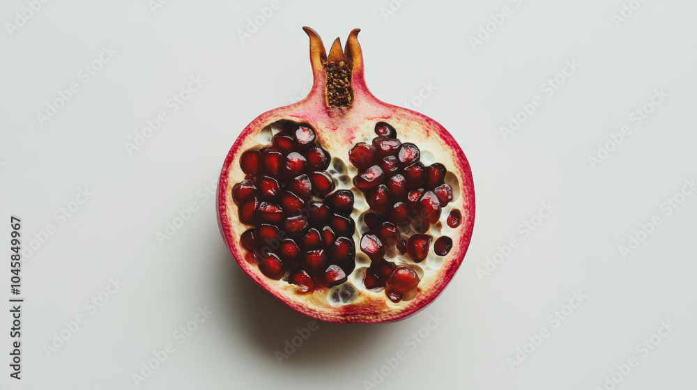 A half of a pomegranate, showing its seeds, is placed on a plain white background. A half of a pomegranate, showing its seeds, is placed on a plain white background.