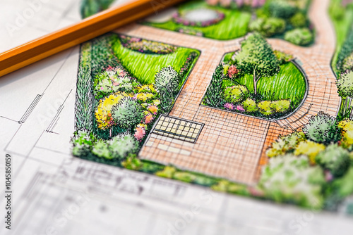 A colorful garden design plan on sketch paper with a pencil shows paths, plants, and landscaping details in a creative and vibrant layout
