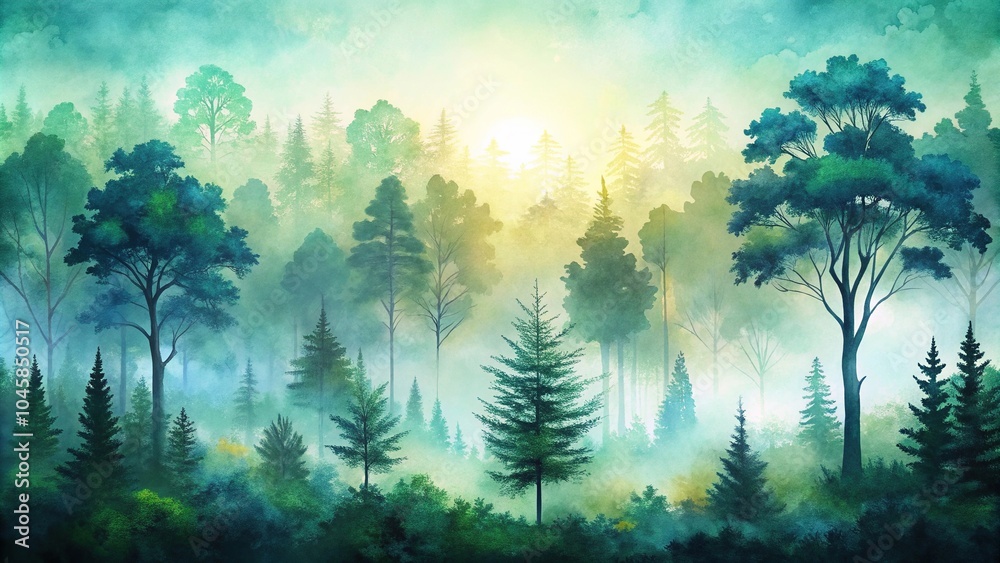 Naklejka premium watercolor painting of spring forest silhouette