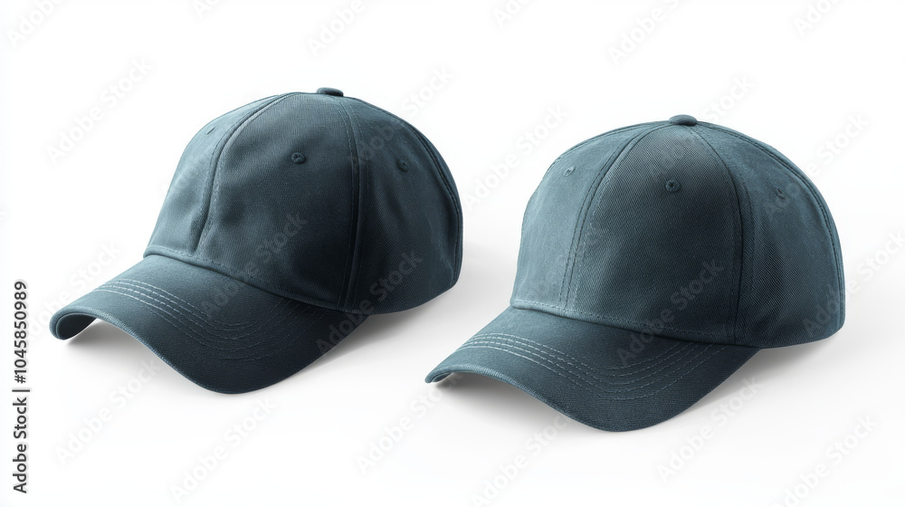 Two baseball caps in a dark blue-green color are shown from the front and back. They are isolated on a white background and can be used as a template for designing artwork or graphics. Two baseball caps in a dark blue-green color are shown from the front and back. They are isolated on a white background and can be used as a template for designing artwork or graphics.