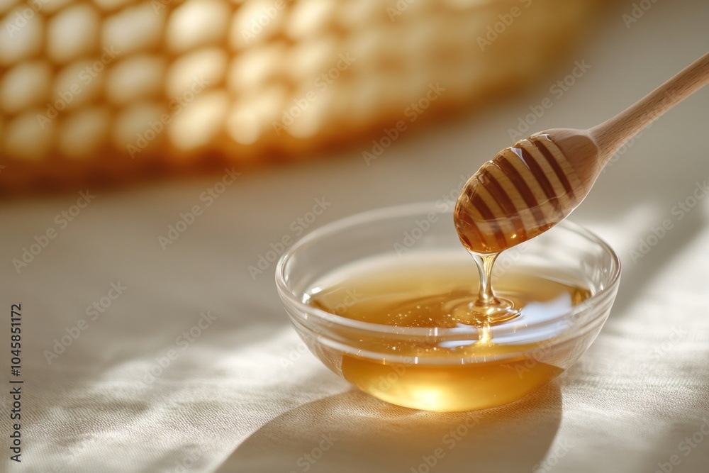 Golden Honey Drizzling from Wooden Dipper into Glass Bowl Against Sunlit Backdrop