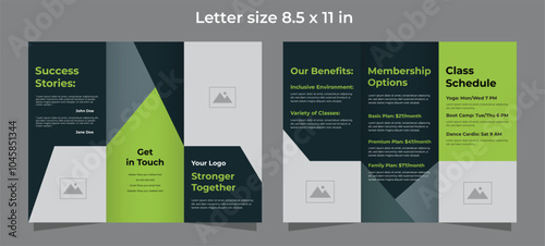 Trifold brochure template for gym and fitness compagny in green and dark green colors