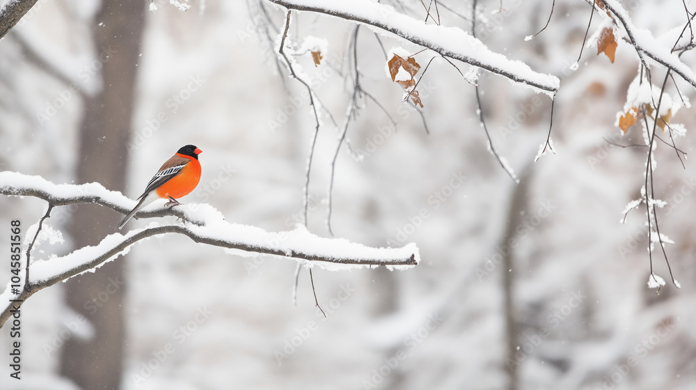 Bright red male eurasian bullfinch is perched on a snowy branch on a cold winter day Bright red male eurasian bullfinch is perched on a snowy branch on a cold winter day