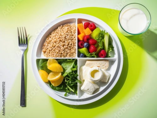 A vibrant plate featuring a variety of fresh fruits, grains, and nuts. The assortment includes kiwi, berries, and citrus, creating a colorful and nutritious mea photo