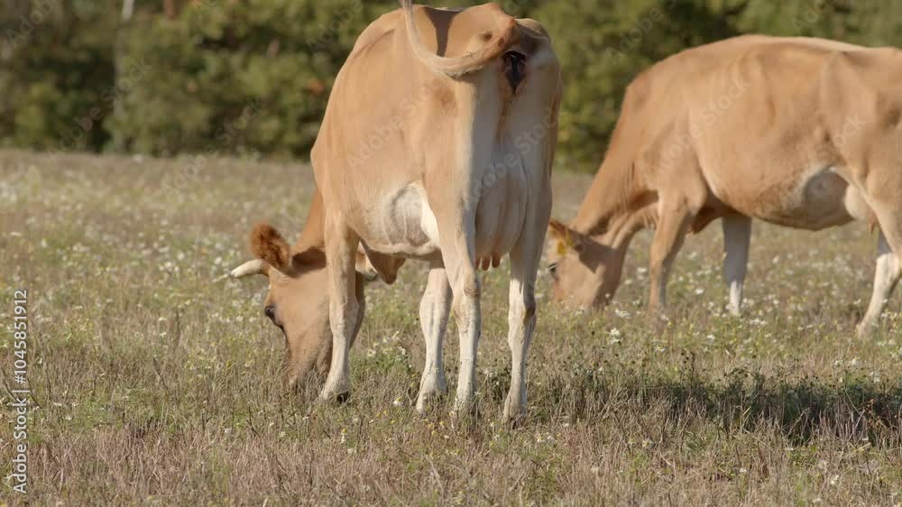 A tranquil and serene scene features cows peacefully grazing in a lush, vibrant green field beneath clear, blue skies A tranquil and serene scene features cows peacefully grazing in a lush, vibrant green field beneath clear, blue skies