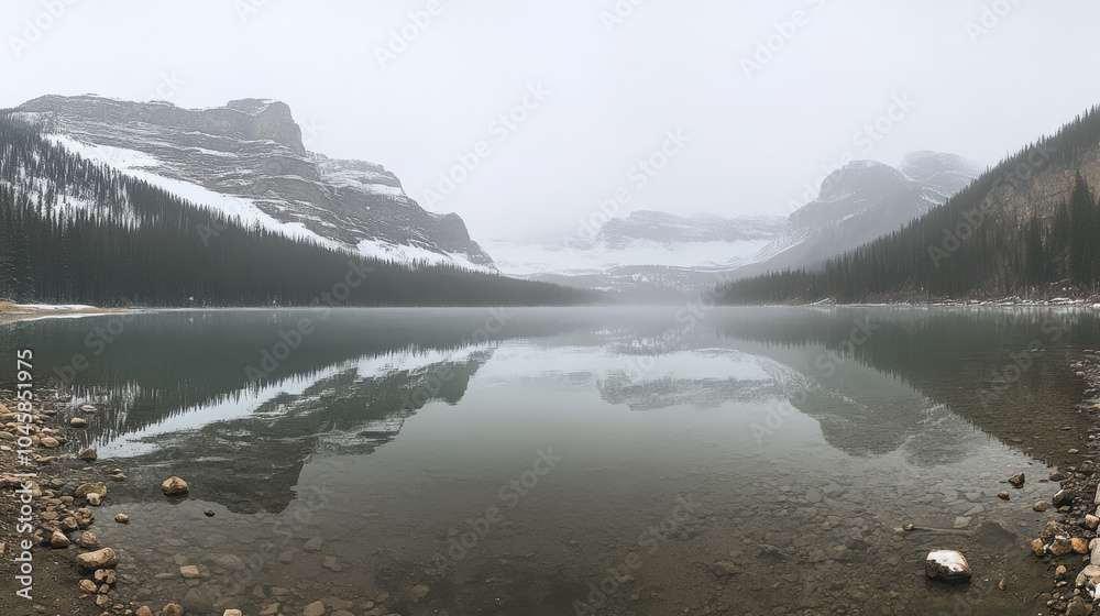A panoramic view of Lake Herbert on a foggy morning, with glacier-covered mountains and their reflection in Banff National Park, Canada. A panoramic view of Lake Herbert on a foggy morning, with glacier-covered mountains and their reflection in Banff National Park, Canada.