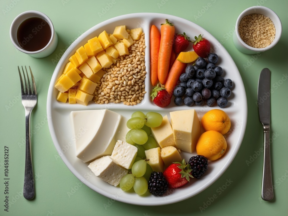 A vibrant plate featuring a variety of fresh fruits, grains, and nuts. The assortment includes kiwi, berries, and citrus, creating a colorful and nutritious mea A vibrant plate featuring a variety of fresh fruits, grains, and nuts. The assortment includes kiwi, berries, and citrus, creating a colorful and nutritious mea