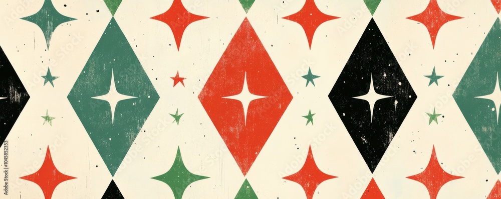 Seamless retro geometric pattern with red, green, and black diamond shapes Seamless retro geometric pattern with red, green, and black diamond shapes