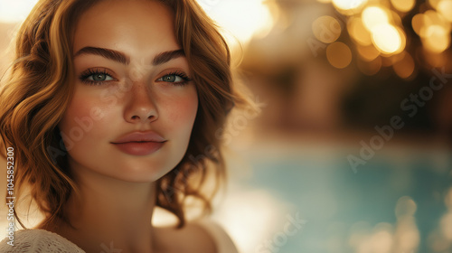 Close-up of a woman in a serene spa, glowing skin highlighted by soft light. Her youthful complexion and calm expression exude rejuvenation, with a blurred background emphasizing her radiance