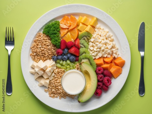 A vibrant plate featuring a variety of fresh fruits, grains, and nuts. The assortment includes kiwi, berries, and citrus, creating a colorful and nutritious mea photo