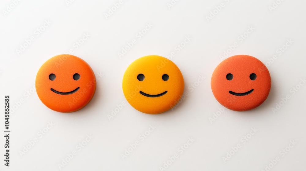 Three smiley faces in orange, yellow, and red colors on a white background. Three smiley faces in orange, yellow, and red colors on a white background.