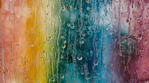 A rainbow seen through a rain-speckled window, with droplets adding texture to the colorful view.  photo