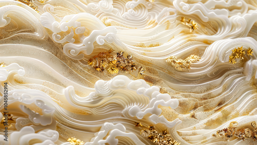 Gold and white abstract painting of a wave with gold leaves. The painting has a serene and calming mood, with the gold and white colors creating a sense of luxury and elegance Gold and white abstract painting of a wave with gold leaves. The painting has a serene and calming mood, with the gold and white colors creating a sense of luxury and elegance