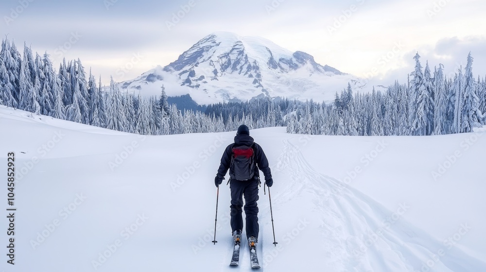 Skier on Quiet Snowy Trail Near Mountain Landscape