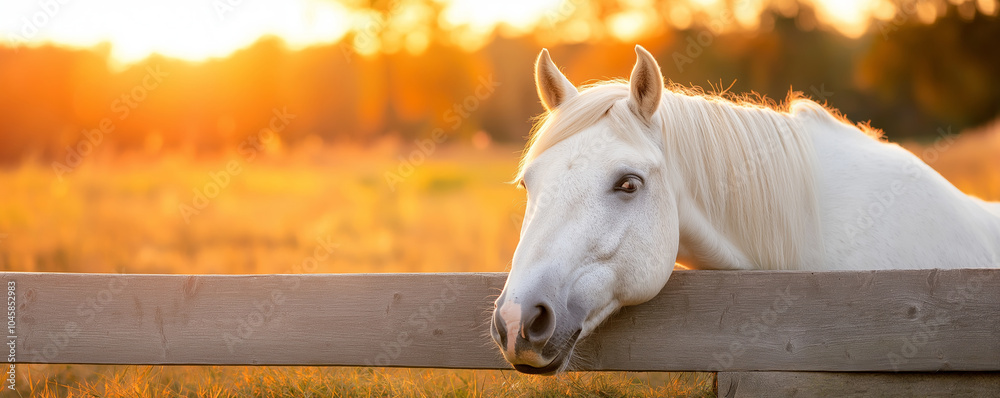 White horse by a rustic fence in a golden sunset pasture, capturing the ...
