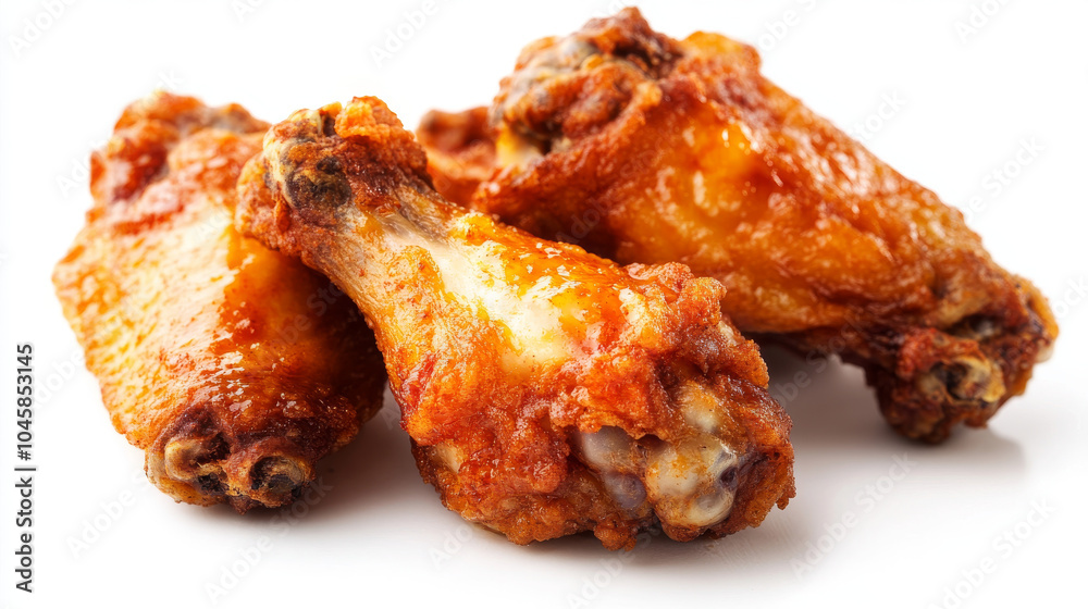 A crispy fried chicken wing, all by itself, against a plain white background. A crispy fried chicken wing, all by itself, against a plain white background.