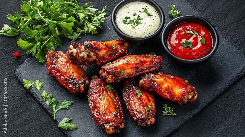 Buffalo wings dipped in ranch, isolated on a black slate background, with dipping sauces and fresh herbs Buffalo wings dipped in ranch, isolated on a black slate background, with dipping sauces and fresh herbs