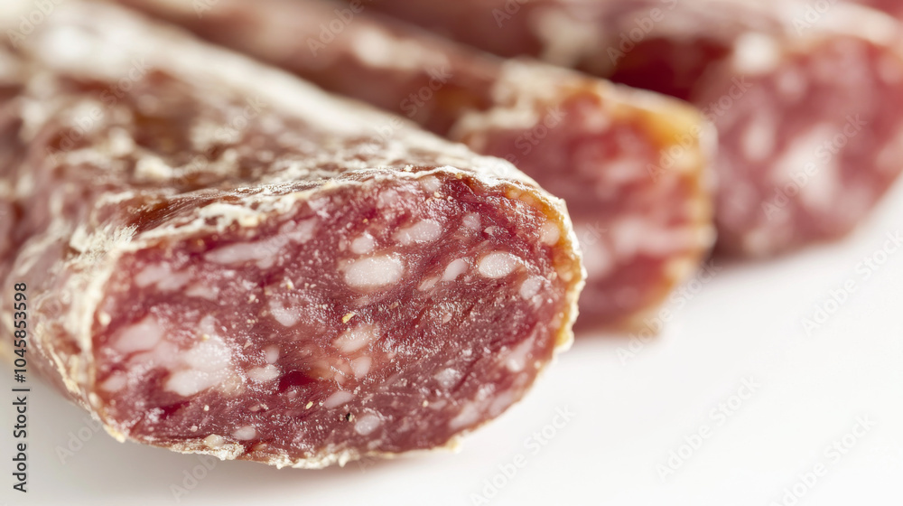 A close-up of a Chinese sausage, clearly separated from a white background. A close-up of a Chinese sausage, clearly separated from a white background.