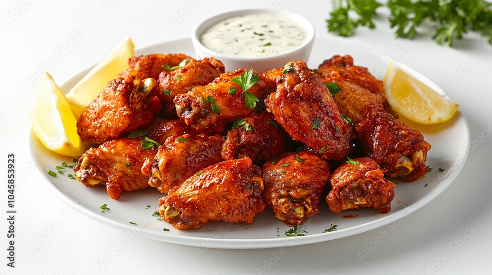 Buffalo wings on a white plate, isolated on a light gray background, with lemon wedges, garlic butter sauce, and parsley sprigs Buffalo wings on a white plate, isolated on a light gray background, with lemon wedges, garlic butter sauce, and parsley sprigs