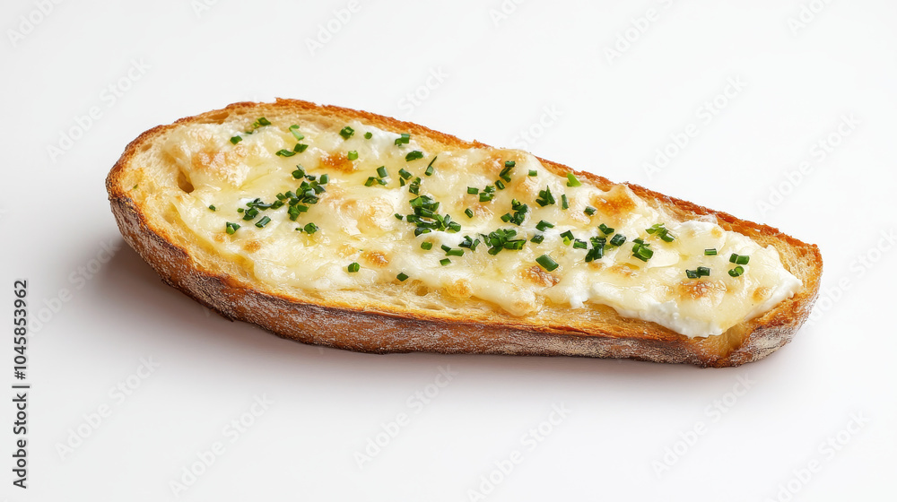A slice of Korean garlic bread with cream cheese, on a plain white background. A slice of Korean garlic bread with cream cheese, on a plain white background.