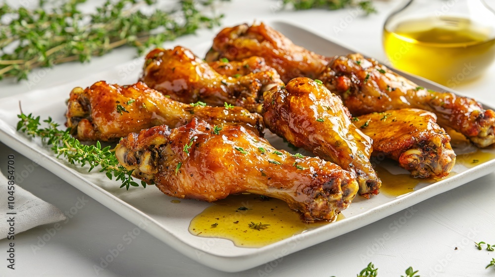 Buffalo wings with a honey glaze, arranged on a white ceramic plate, decorated with honey drizzle and fresh thyme leaves Buffalo wings with a honey glaze, arranged on a white ceramic plate, decorated with honey drizzle and fresh thyme leaves