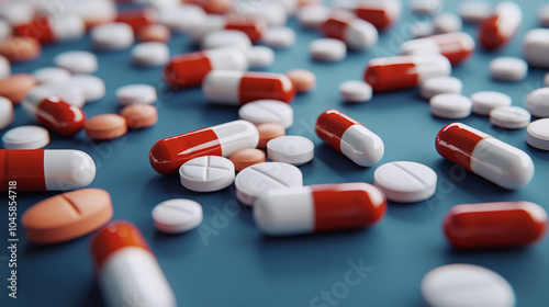 Different pills and medications scattered on a blue surface. They include antibiotics, first aid supplies, generic drugs, and emergency medications. This is a 3D image.