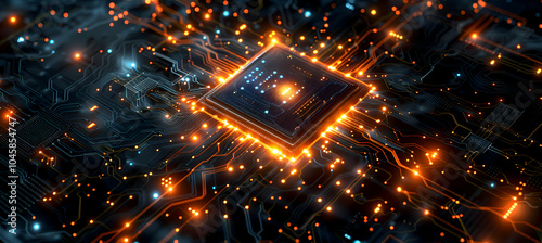Quantum computing chip visualized as a glowing microchip surrounded by swirling data streams, illustrating advanced quantum calculations and processing power