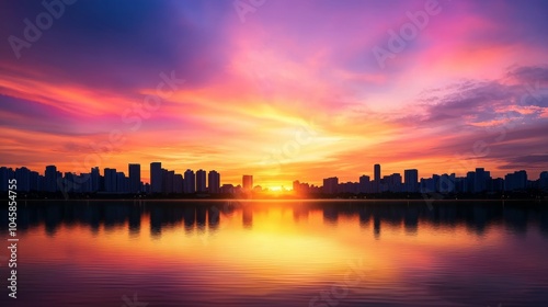Colorful Sunset Reflections Over City Skyline