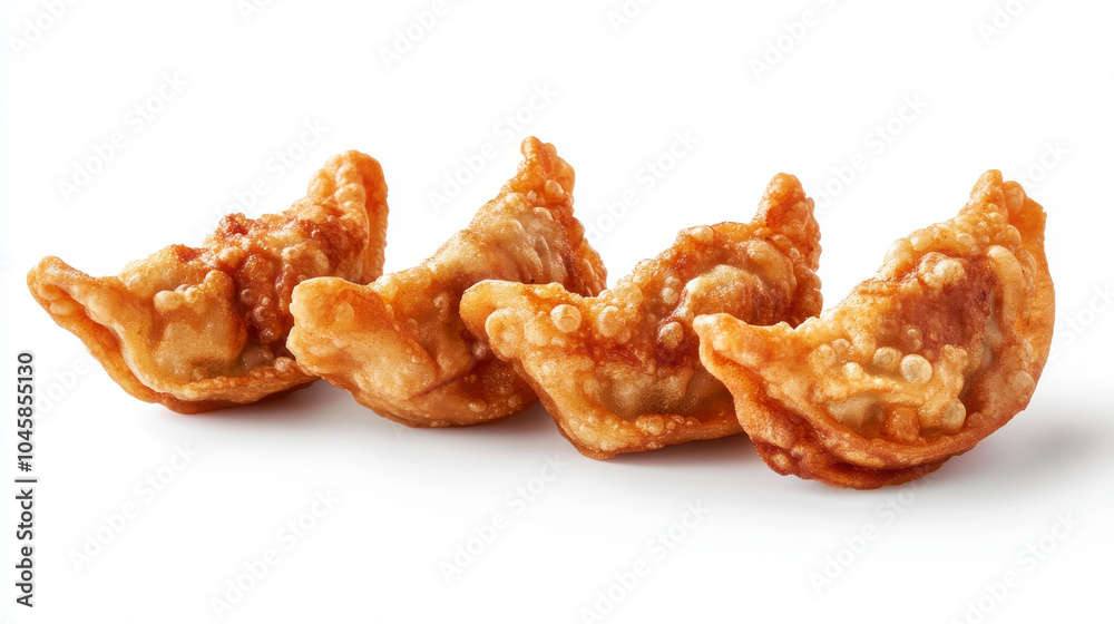 Crispy fried wontons filled with pork, set against a plain white background. These are similar to Japanese gyoza or Chinese dim sum. Crispy fried wontons filled with pork, set against a plain white background. These are similar to Japanese gyoza or Chinese dim sum.