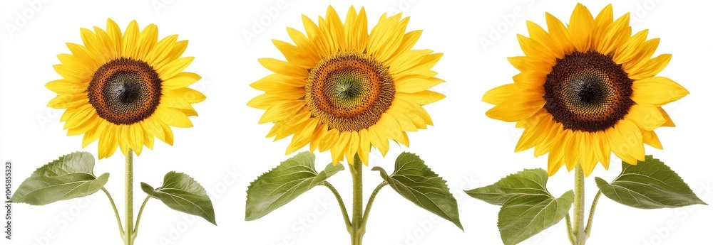 Three yellow sunflowers with brown centers and green leaves isolated on white background. Three yellow sunflowers with brown centers and green leaves isolated on white background.