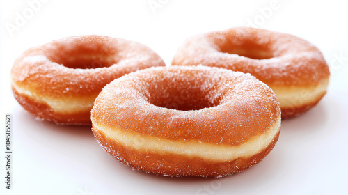 Delicious donuts, free of shadows, stand out against a bright white background. These sugary treats are a classic fast food indulgence.