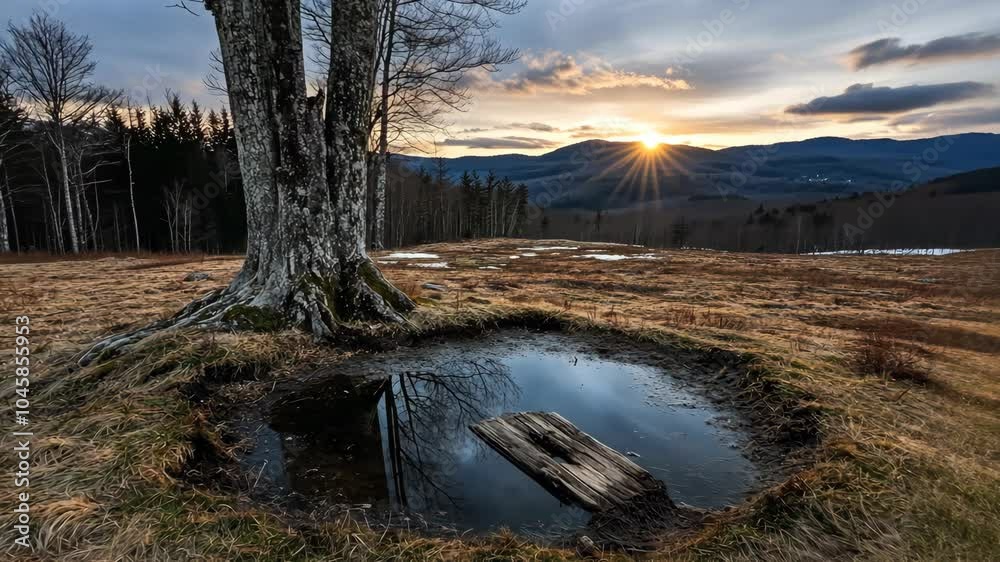 A small puddle reflects the setting sun in the mountains, with a weathered wooden plank floating on the surface A small puddle reflects the setting sun in the mountains, with a weathered wooden plank floating on the surface