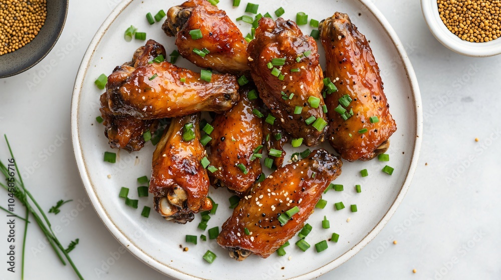 Buffalo wings with honey mustard sauce, arranged on a white porcelain plate, decorated with chopped chives and mustard seeds Buffalo wings with honey mustard sauce, arranged on a white porcelain plate, decorated with chopped chives and mustard seeds