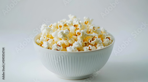 A bowl of sweet and buttery popcorn, sprinkled with salt, sits on a plain white background. You can easily cut out the image of the popcorn and use it elsewhere. photo