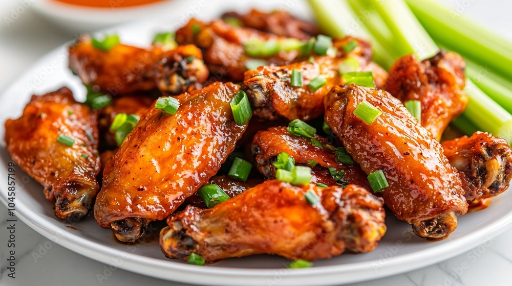 Extra spicy Buffalo wings arranged on a white porcelain plate, isolated with celery sticks and a sprinkle of fresh green onions Extra spicy Buffalo wings arranged on a white porcelain plate, isolated with celery sticks and a sprinkle of fresh green onions