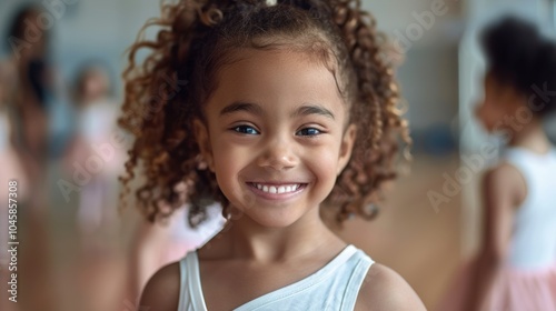 A joyful young ballet dancer smiles brightly while practicing in a dance studio during a class with other children in the background