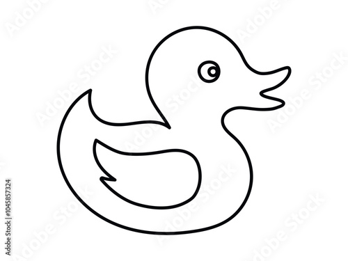 Black outline of a rubber duck isolated on a white background. Concept of childish icon, bath toy, simple illustration, minimalist design. Printable design element for kids' products and stationery