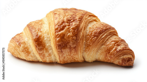 A delicious butter croissant, perfectly isolated against a white background. It's a homemade pastry with no shadow, ready to be enjoyed.