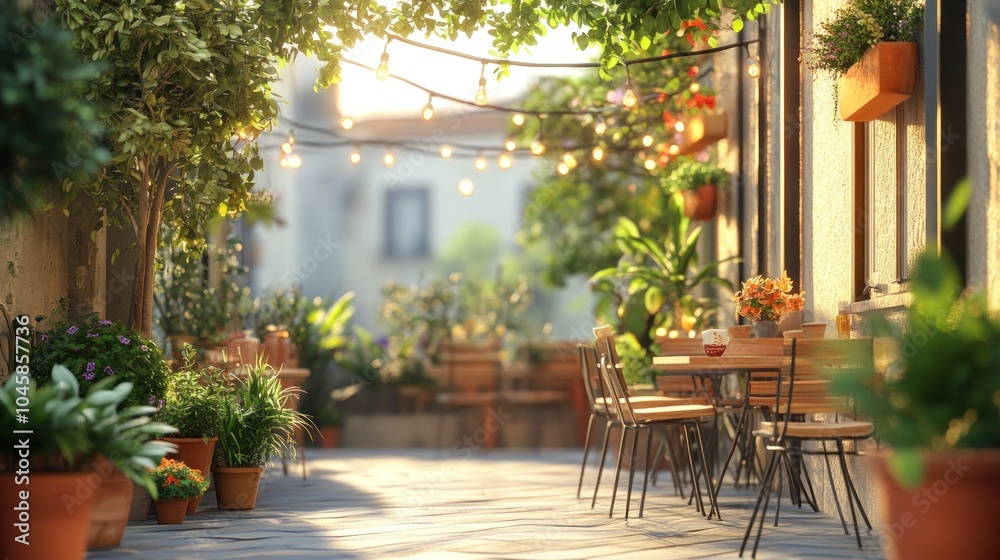 Obraz premium A charming outdoor cafe patio with tables and chairs, illuminated by string lights in the warm afternoon sun.