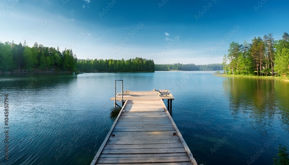 Charming Scandinavian lake with a rustic pier extending into serene blue waters surrounded by greenery. Generative AI