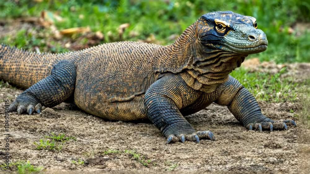 A Komodo dragon rests on the ground in a grassy area A Komodo dragon rests on the ground in a grassy area